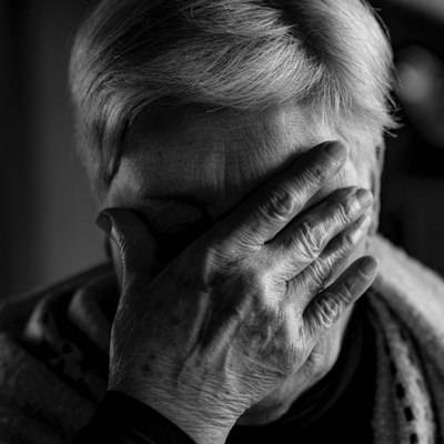 Schwarzweiß Bild einer älteren Frau die ihr Gesicht mit einer Hand bedeckt.