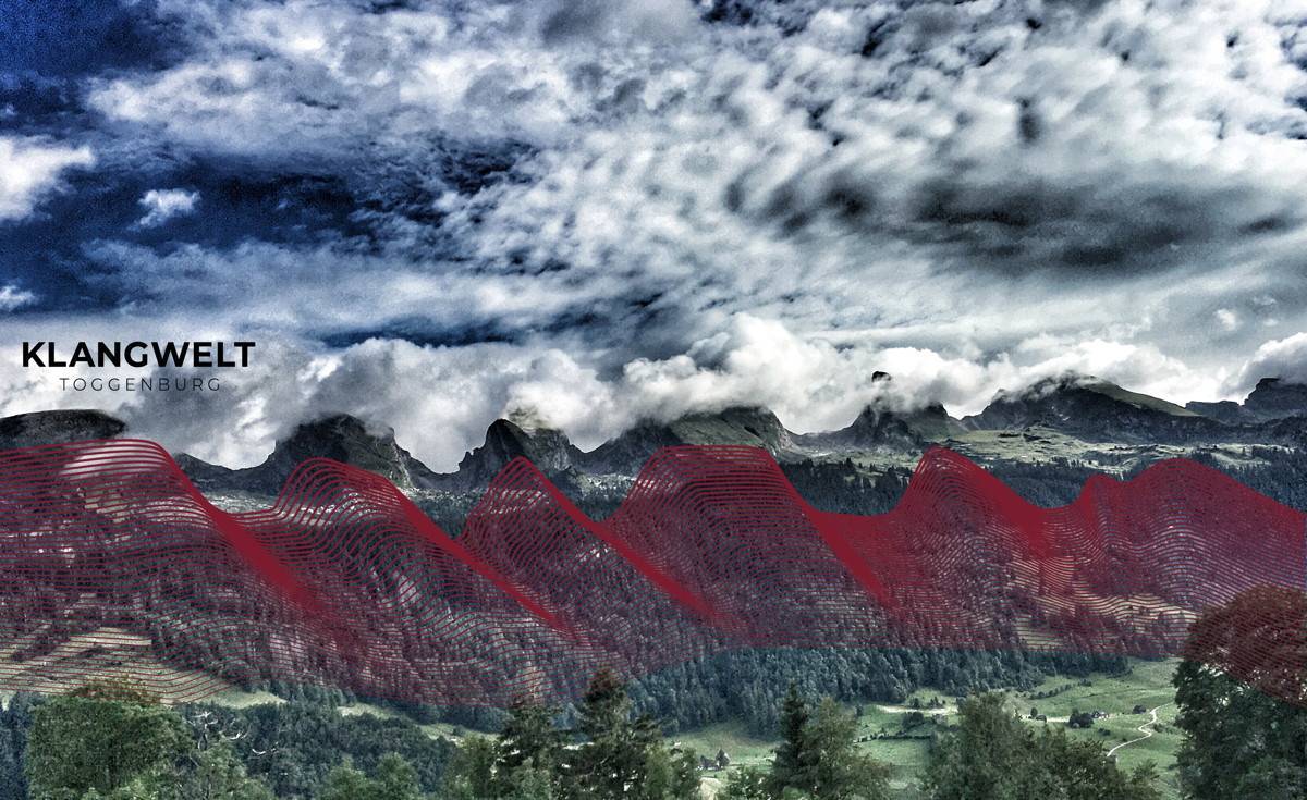 Projekt Klangwelt Toggenburg, ein Bergpanorama mit einer roten Gitterstruktur davor.
