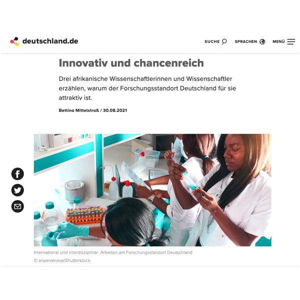 Screenshot der Webseite deutschland.de mit dem Inhalt Forschungsstandort Deutschland deren Online Text, oder auch Content, von der Journalistin Bettina Mittelstraß erstellt wurden.